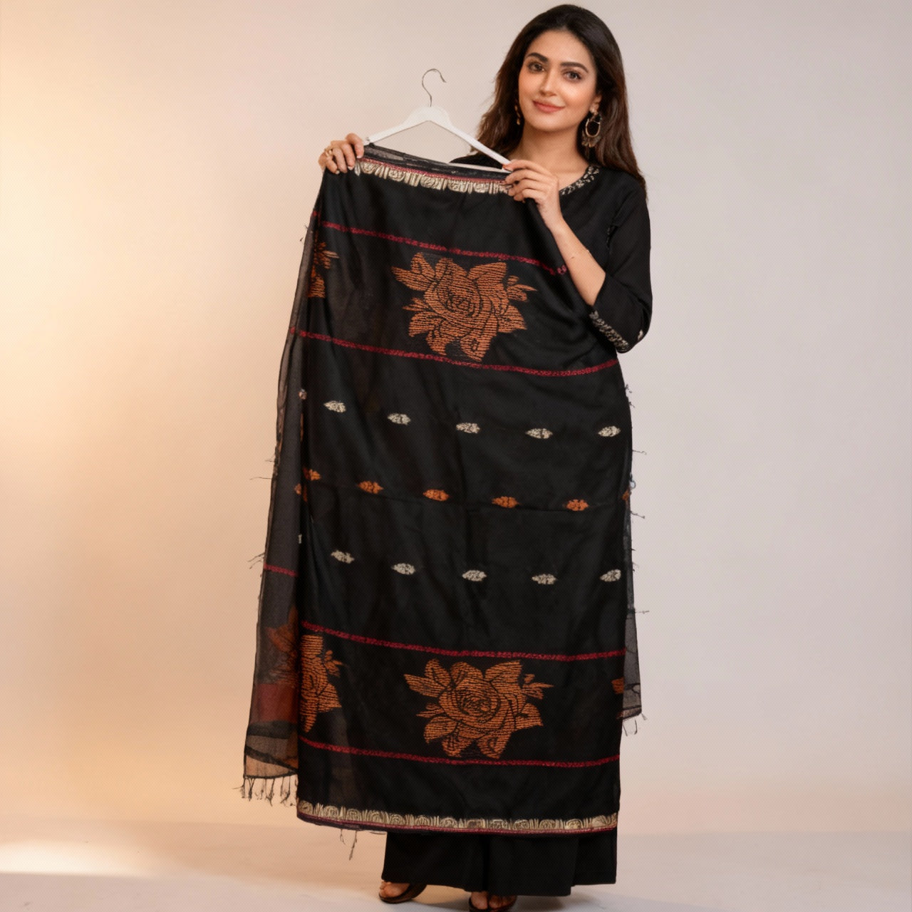 Black Shawl - Brown Brosha Flower