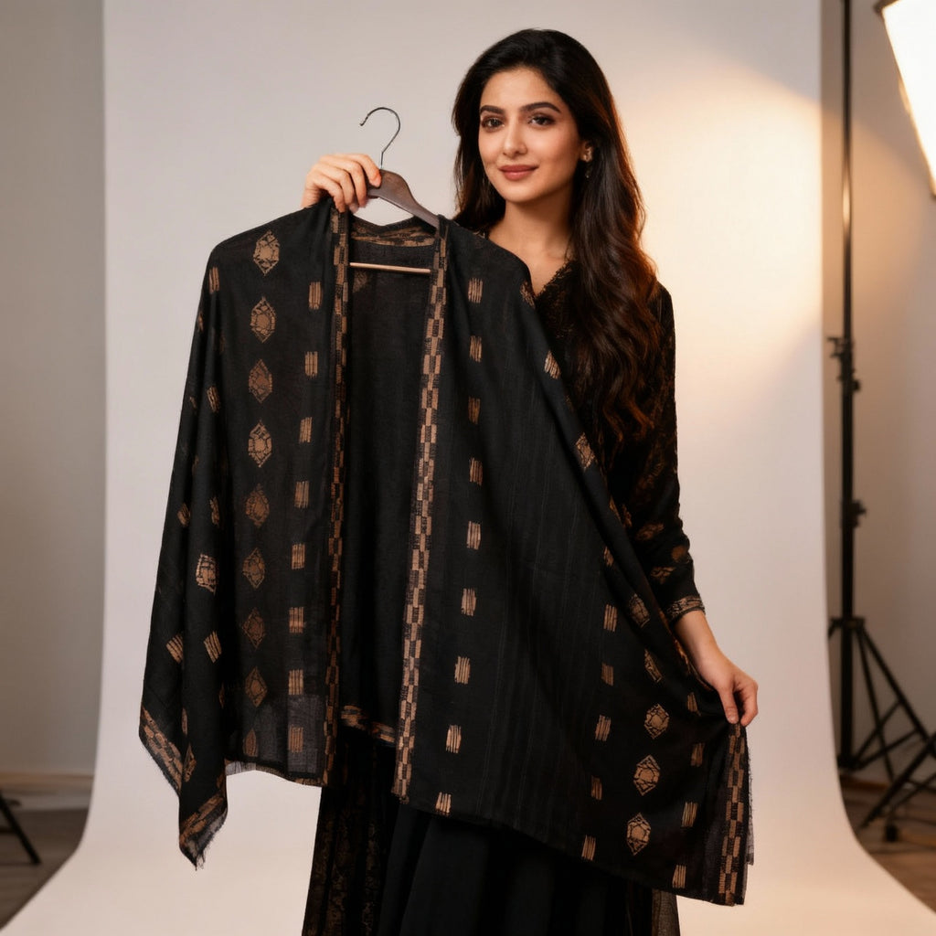 Black Shawl - Golden Border